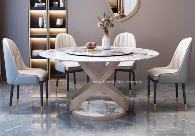 Fancy Homes Florian Sintered Stone Round Dining Table with Lazy Susan and Rose Pink Brown Colour Base