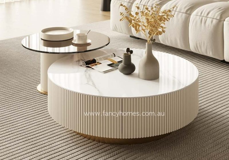 Fancy Homes Margot Sintered Stone Top and Glass Top Coffee Table Set Creamy White Colour