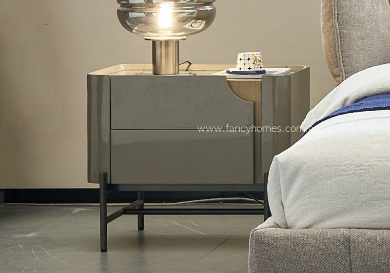 Fancy Homes WXG-019 Contemporary Bedside Table Grey and Brushed Gold Piano Gloss Lacquer