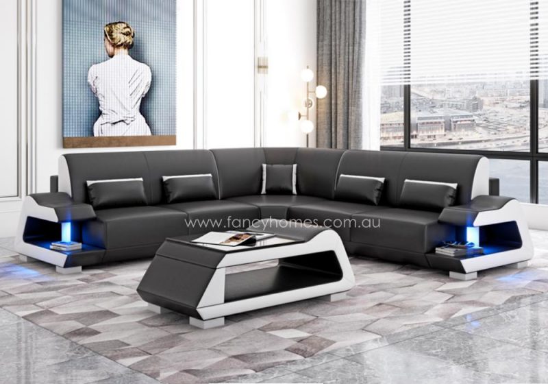 Fancy Homes Campbell-B Corner Leather Sofa Black and Pure White Blue Lighting Futuristic Style