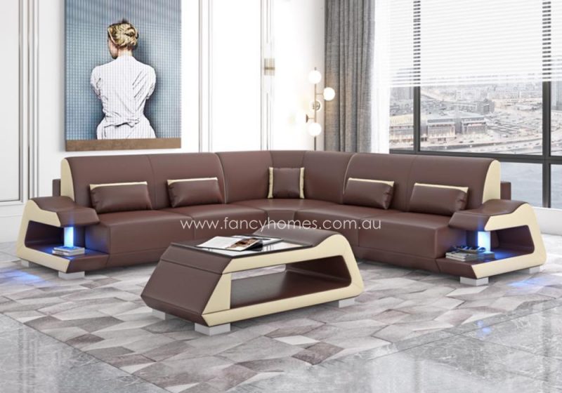 Fancy Homes Campbell-B Corner Leather Sofa Brown and Cream Blue Lighting Futuristic Style