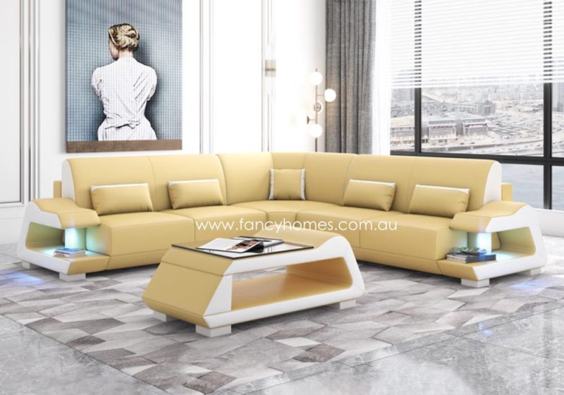 Fancy Homes Campbell-B Corner Leather Sofa Cream and Pure White Blue Lighting Futuristic Style