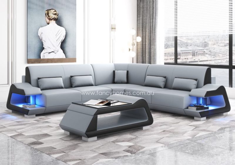 Fancy Homes Campbell-B Corner Leather Sofa Light Grey and Pure White Blue Lighting Futuristic Style