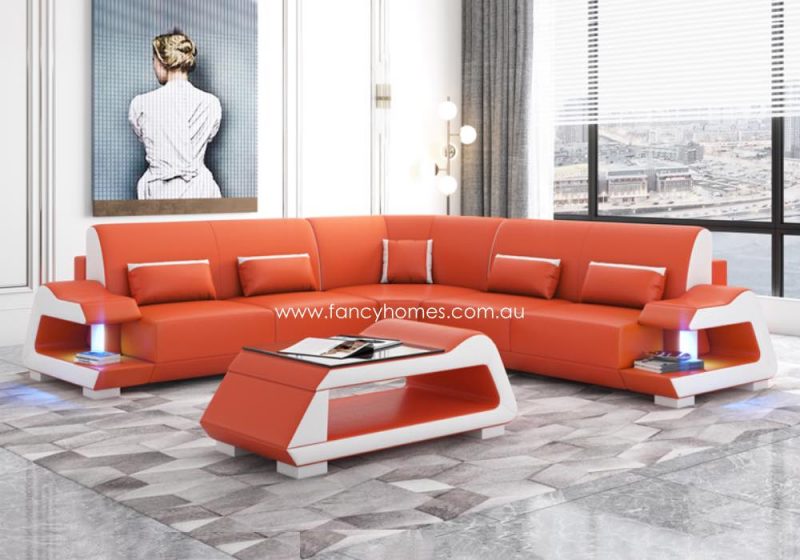 Fancy Homes Campbell-B Corner Leather Sofa Orange and Pure White Blue Lighting Futuristic Style