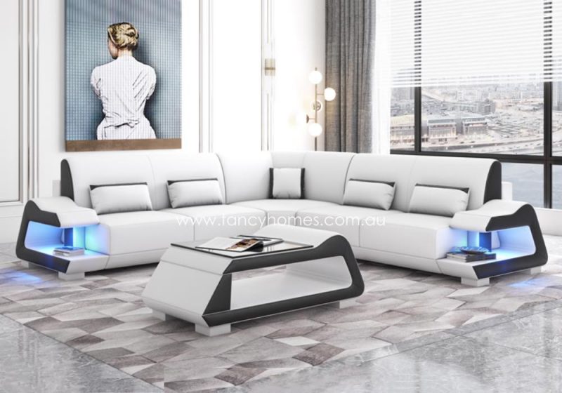 Fancy Homes Campbell-B Corner Leather Sofa Pure White and Black Blue Lighting Futuristic Style