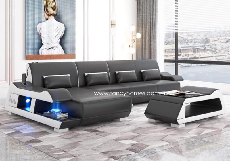 Fancy Homes Campbell-C Chaise Leather Sofa Black and Pure White with Blue Lighting and USB Port Futuristic Style