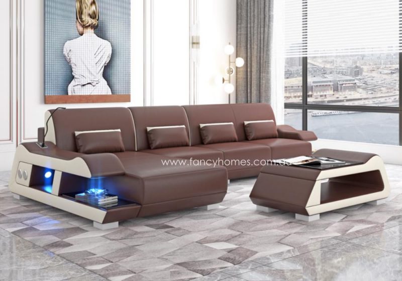 Fancy Homes Campbell-C Chaise Leather Sofa Brown and Off White with Blue Lighting and USB Port Futuristic Style