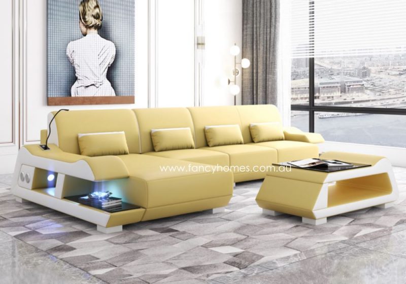Fancy Homes Campbell-C Chaise Leather Sofa Cream and Pure White with Blue Lighting and USB Port Futuristic Style