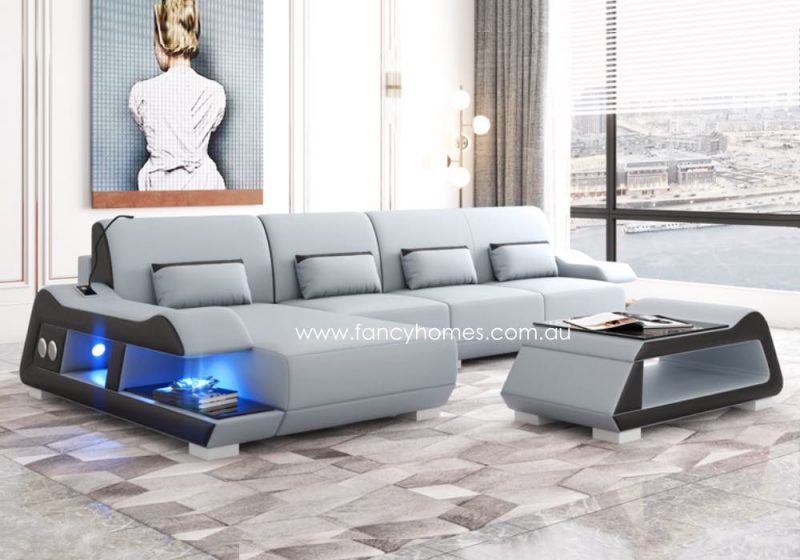 Fancy Homes Campbell-C Chaise Leather Sofa Light Grey and Black with Blue Lighting and Bluetooth Speaker and USB Port Futuristic Style