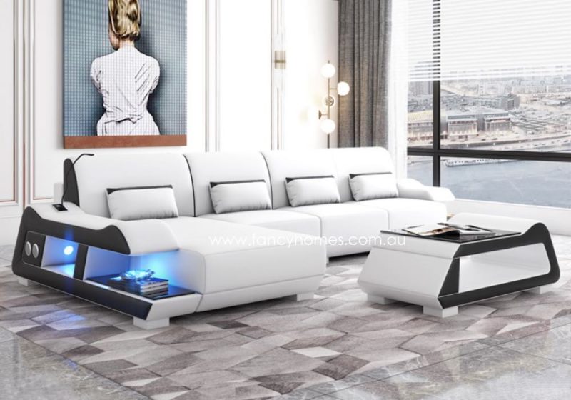 Fancy Homes Campbell-C Chaise Leather Sofa Pure White and Black with Blue Lighting and Bluetooth Speaker and USB Port Futuristic Style