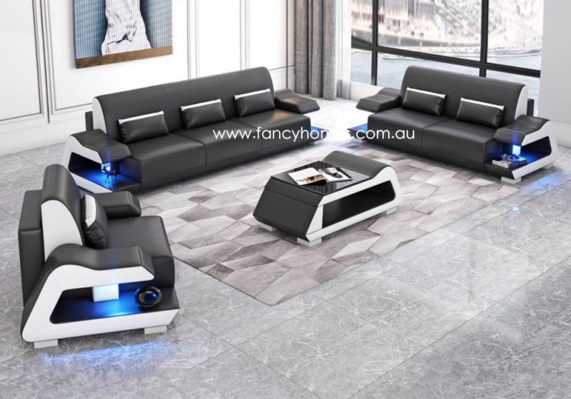 Fancy Homes Campbell-D Lounges Suites Leather Sofa Black and Pure White with Blue Lighting Futuristic Style