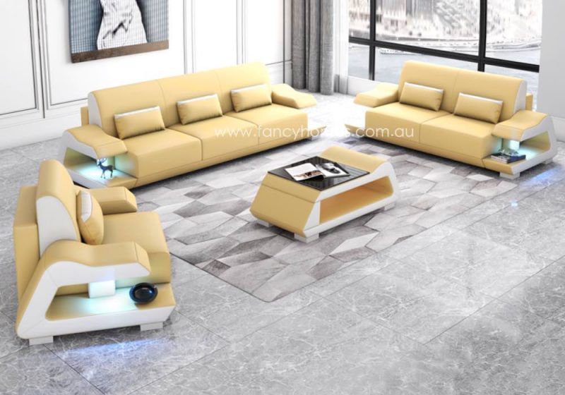 Fancy Homes Campbell-D Lounges Suites Leather Sofa Cream and Pure White with Blue Lighting Futuristic Style