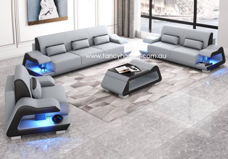 Fancy Homes Campbell-D Lounges Suites Leather Sofa Light Grey and Black with Blue Lighting Futuristic Style