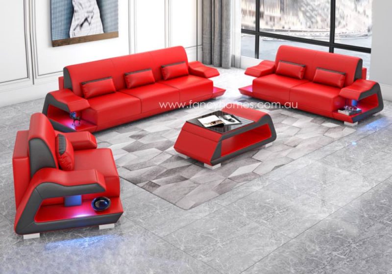 Fancy Homes Campbell-D Lounges Suites Leather Sofa Red and Black with Blue Lighting Futuristic Style