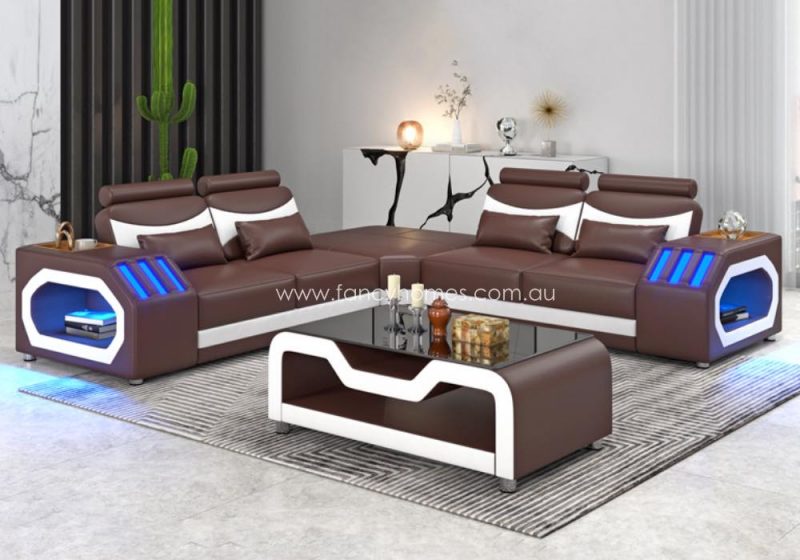 Fancy Homes Juniper-B Corner Leather Sofa Brown and Pure White Futuristic Style With Blue Lightings