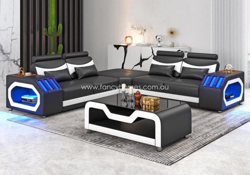 Fancy Homes Juniper-B Corner Leather Sofa Black and Pure White Futuristic Style With Blue Lightings