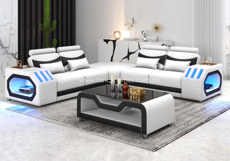 Fancy Homes Juniper-B Corner Leather Sofa Pure White and Black Futuristic Style With Blue Lightings