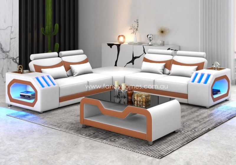 Fancy Homes Juniper-B Corner Leather Sofa Pure White and Tan Futuristic Style With Blue Lightings
