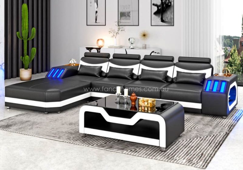 Fancy Homes Juniper-C Chaise Leather Sofa Black and Pure White Futuristic Style with Blue Lightings