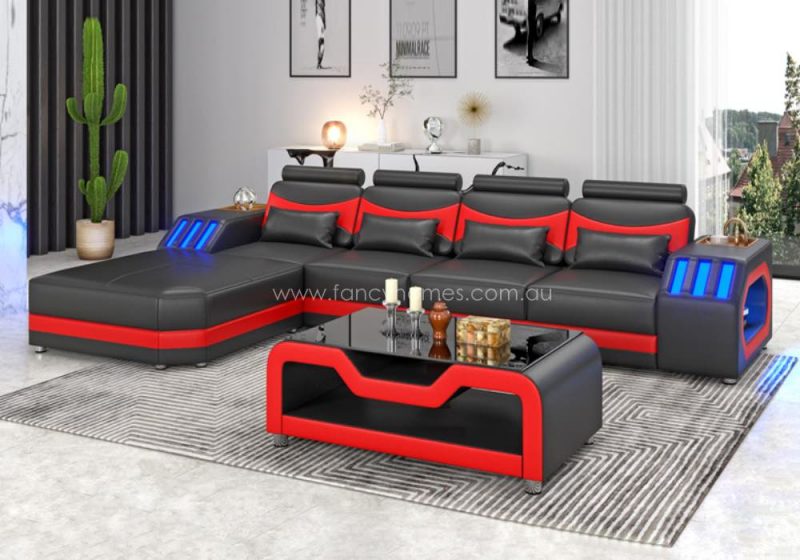Fancy Homes Juniper-C Chaise Leather Sofa Black and Red Futuristic Style with Blue Lightings