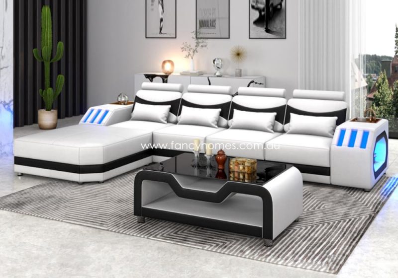 Fancy Homes Juniper-C Chaise Leather Sofa Pure White and Black Futuristic Style with Blue Lightings