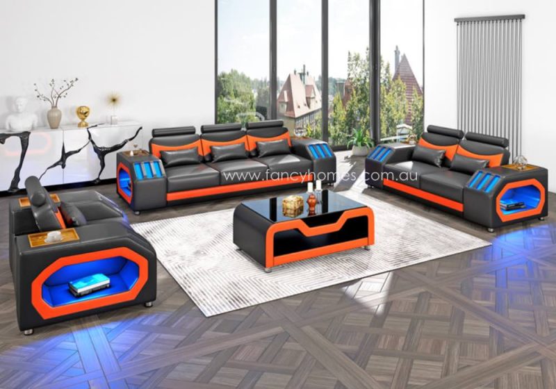 Fancy Homes Juniper-D Lounges Suites Leather Sofa Black and Orange Futuristic Style Blue Lightings