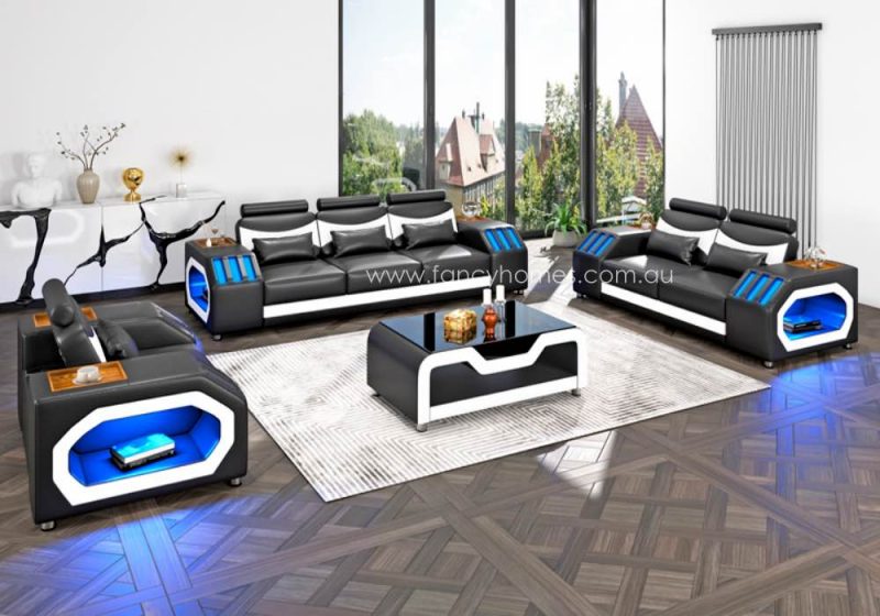 Fancy Homes Juniper-D Lounges Suites Leather Sofa Black and Pure White Futuristic Style Blue Lightings