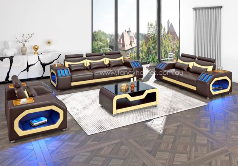 Fancy Homes Juniper-D Lounges Suites Leather Sofa Brown and Cream Futuristic Style Blue Lightings