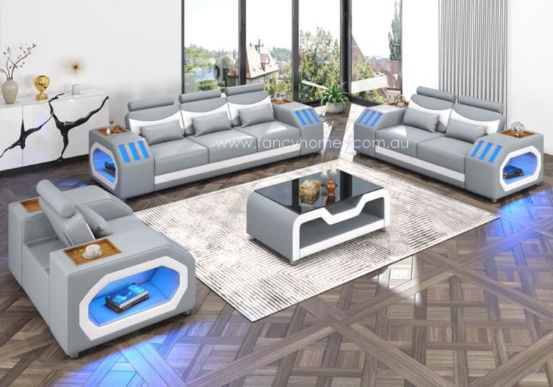 Fancy Homes Juniper-D Lounges Suites Leather Sofa Light Grey and Pure White Futuristic Style Blue Lightings