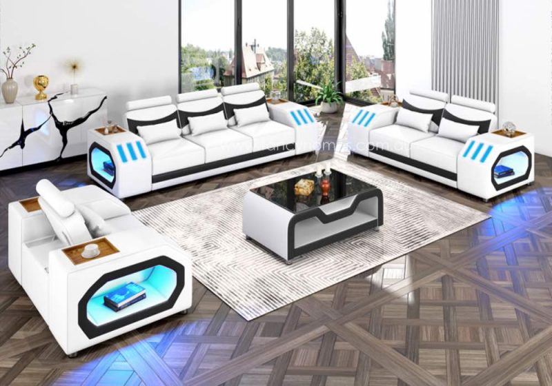 Fancy Homes Juniper-D Lounges Suites Leather Sofa Pure White and Black Futuristic Style Blue Lightings