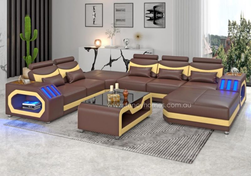 Fancy Homes Juniper Modular Leather Sofa Blue Lighting Brown and Cream Futuristic Style
