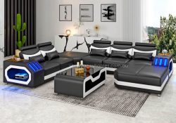 Fancy Homes Juniper Modular Leather Sofa Blue Lighting Black and Pure White Futuristic Style