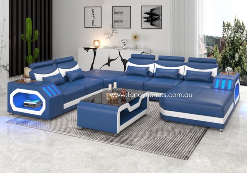 Fancy Homes Juniper Modular Leather Sofa Blue Lighting Blue and Pure White Futuristic Style