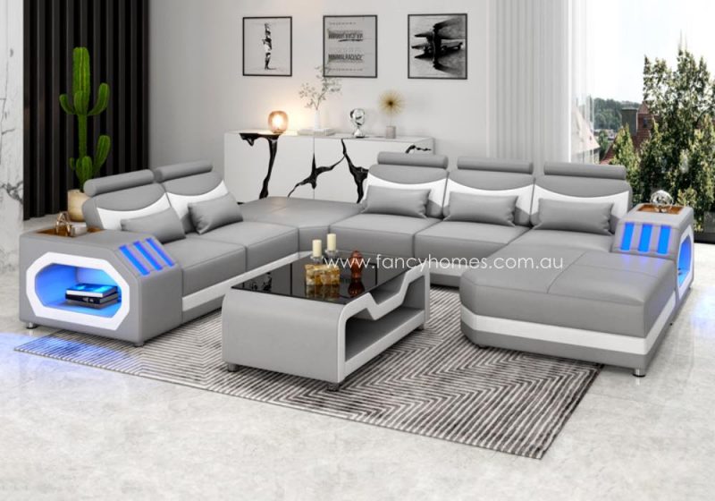 Fancy Homes Juniper Modular Leather Sofa Blue Lighting Light Grey and Pure White Futuristic Style