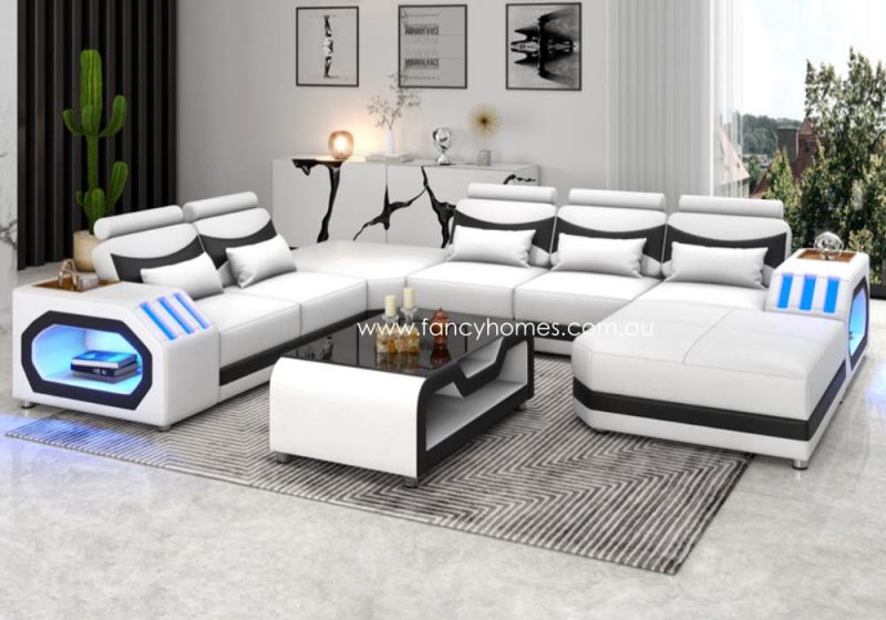 Fancy Homes Juniper Modular Leather Sofa Blue Lighting Pure White and Black Futuristic Style