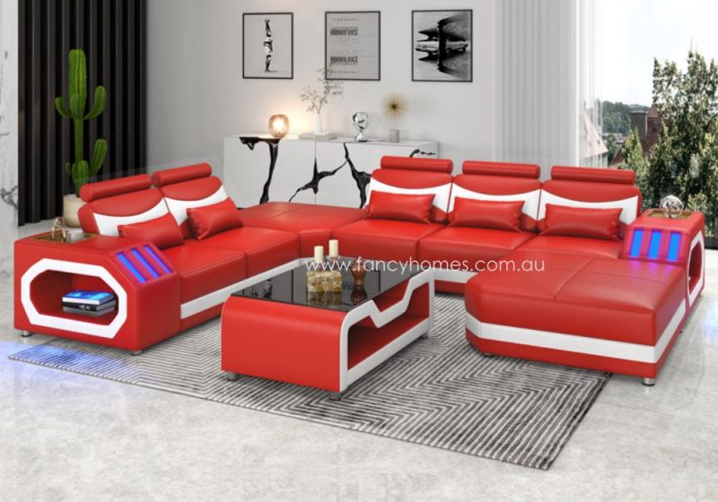 Fancy Homes Juniper Modular Leather Sofa Blue Lighting Red and Pure White Futuristic Style