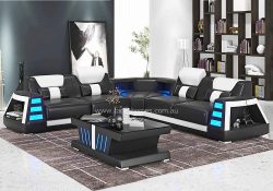 Fancy Homes Nexso-B L Shape Corner Leather Sofa Black and Pure White Blue Lighting and Bluetooth Speaker and USB reading light