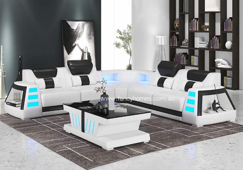 Fancy Homes Nexso-B L Shape Corner Leather Sofa Pure White and Black Blue Lighting and Bluetooth Speaker and USB reading light