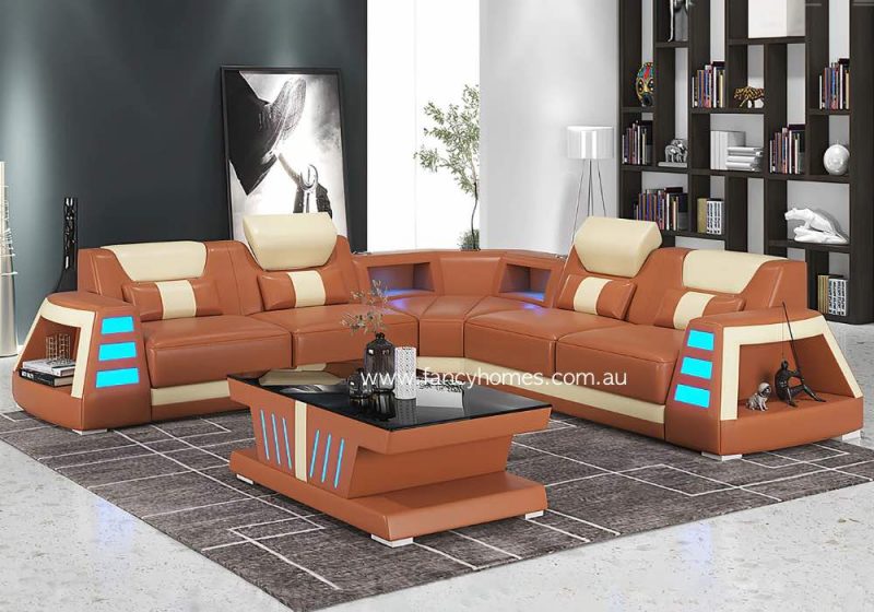 Fancy Homes Nexso-B L Shape Corner Leather Sofa Tan and Cream Blue Lighting and Bluetooth Speaker and USB reading light