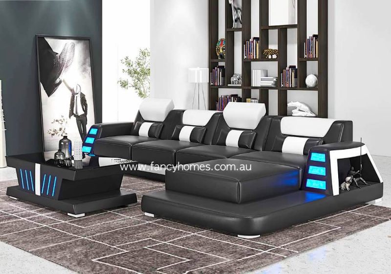 Fancy Homes Nexso-C Chaise Leathr Sofa Black and Pure White Futuristic Sofa with Blue Lighting
