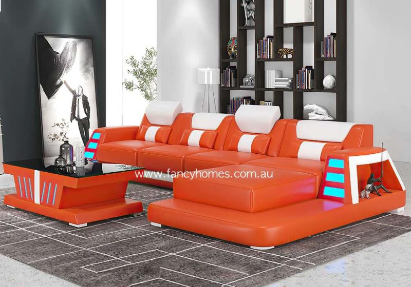 Fancy Homes Nexso-C Chaise Leathr Sofa Orange and Pure White Futuristic Sofa with Blue Lighting