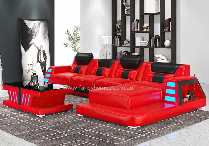 Fancy Homes Nexso-C Chaise Leathr Sofa Red and Black Futuristic Sofa with Blue Lighting