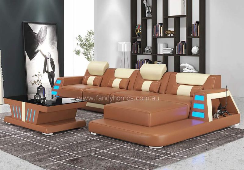 Fancy Homes Nexso-C Chaise Leather Sofa Tan and Cream Futuristic Sofa with Blue Lighting