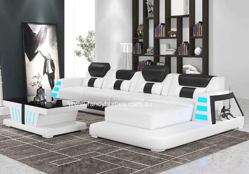 Fancy Homes Nexso-C Chaise Leathr Sofa Pure White and Black Futuristic Sofa with Blue Lighting