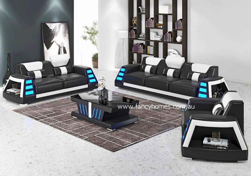 Fancy Homes Nexso-D Lounges Suites Leather Sofa Black and Pure White with Blue Lighting
