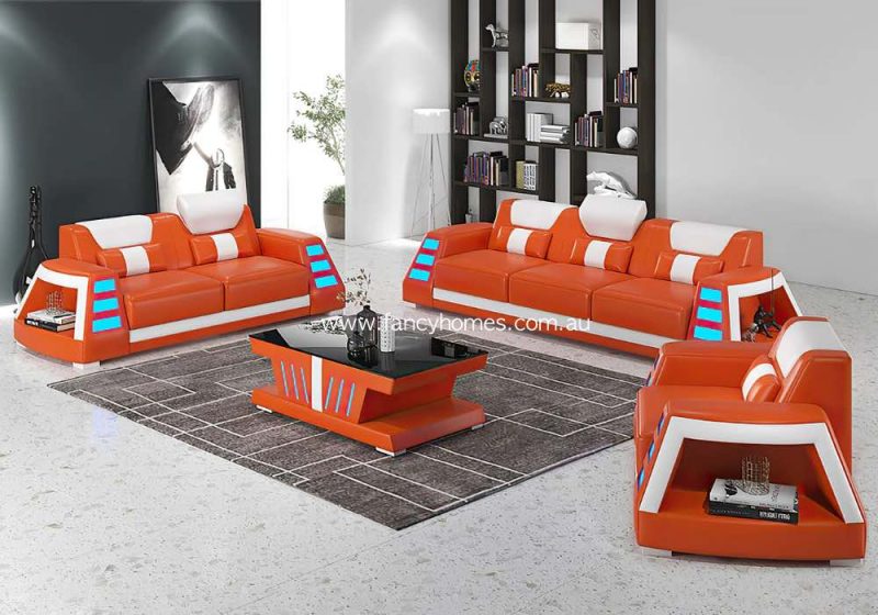 Fancy Homes Nexso-D Lounges Suites Leather Sofa Orange and Pure White with Blue Lighting