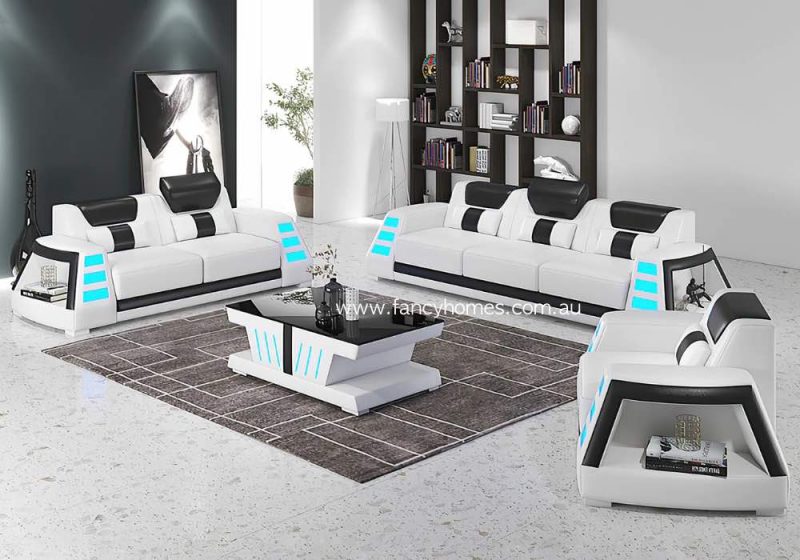 Fancy Homes Nexso-D Lounges Suites Leather Sofa Pure White and Black with Blue Lighting