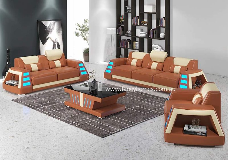 Fancy Homes Nexso-D Lounges Suites Leather Sofa Tan and Cream with Blue Lighting