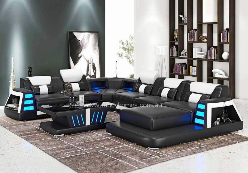 Fancy Homes Nexso Modular Leather Sofa Black and Pure White With Chaise and Blue Lighting and Bluetooth Speaker and USB Lighting