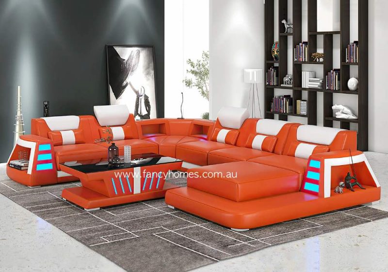 Fancy Homes Nexso Modular Leather Sofa Orange and Pure White With Chaise and Blue Lighting and Bluetooth Speaker and USB Lighting